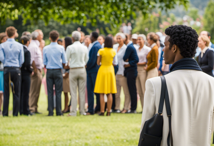 Um grupo com várias pessoas e um homem que olha para elas