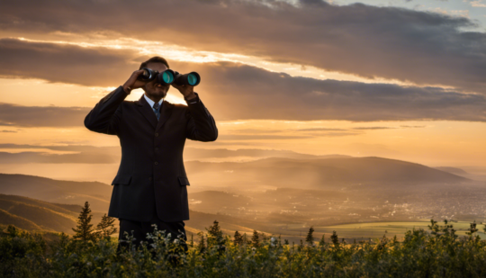 Um homem segurando um binóculo e olhando para o horizonte