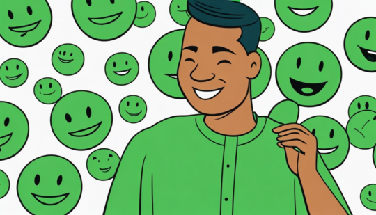 Desenho de um homem sorrindo e várias caras verdes sorrindo ao fundo