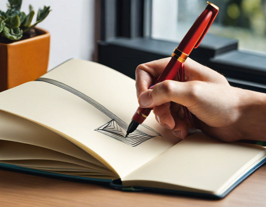 Uma mão segurando caneta e desenhando em um caderno