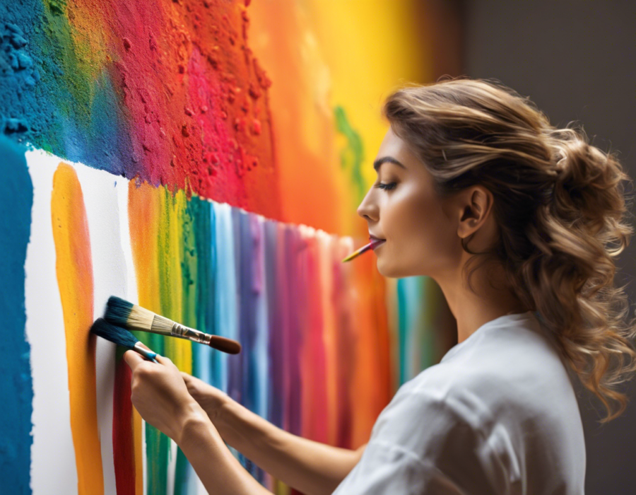 Uma mulher segurando um pincel e pintando a parede com várias cores